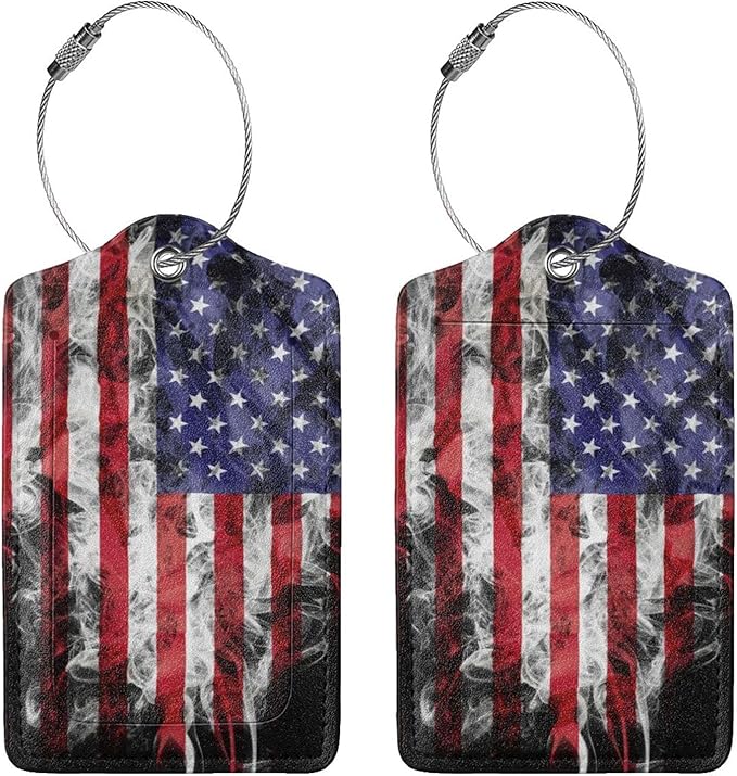 2 Pack American Flag Luggage Tags for Suitcases USA Cool Leather Luggage Tag for Travel Bag Tag Privacy Name ID Card Bag Labels for Friends Adults Kids Tourists