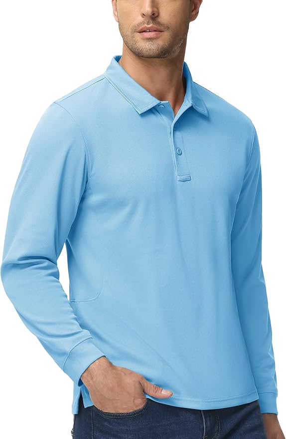 MAGCOMSEN Men's Polo Shirts 3 Button Quick Dry Performance Long Sleeve Tactical Shirts Pique Jersey Golf Shirt