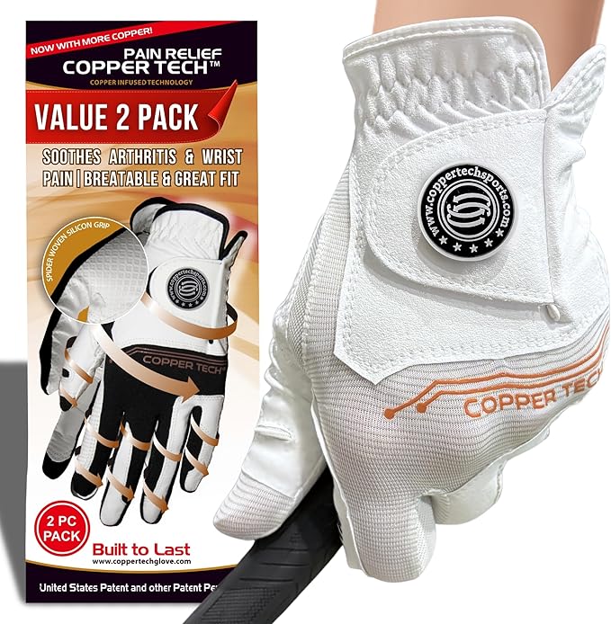 Copper Tech Ladies Golf Gloves Women Right Handed Golfer or Left Handed Golfer 2 Pack | Copper Compression Joint Support with Flexible & Comfortable Fit | AAA Leather & Silicone Tacky Pad