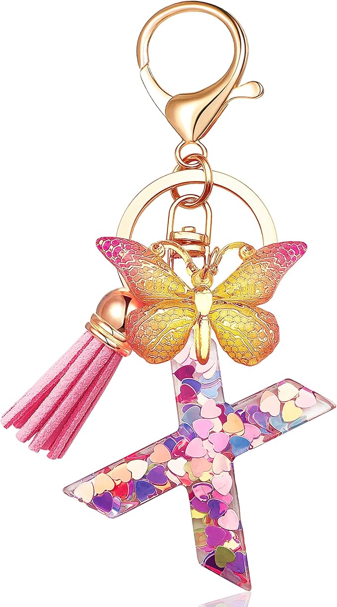 JINGUAZI Initial letter Keychains for Women Tassel Butterfly Pink Purple Cute Car Keychain for Wallet Backpack bag charm
