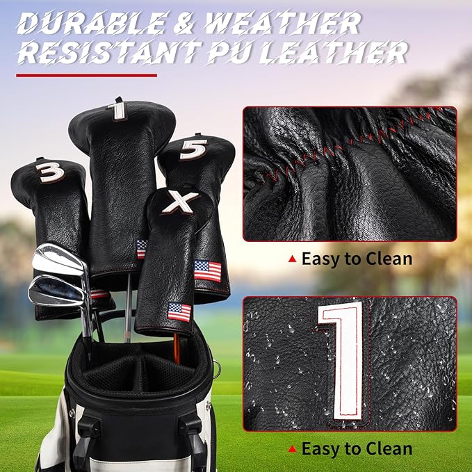 Golf Head Covers, American Flag Patriotism Golf Club Cover for Woods and Driver, Fairway, Hybrid - Premium Leather Golf Club Head Covers with Interchangeable Tags