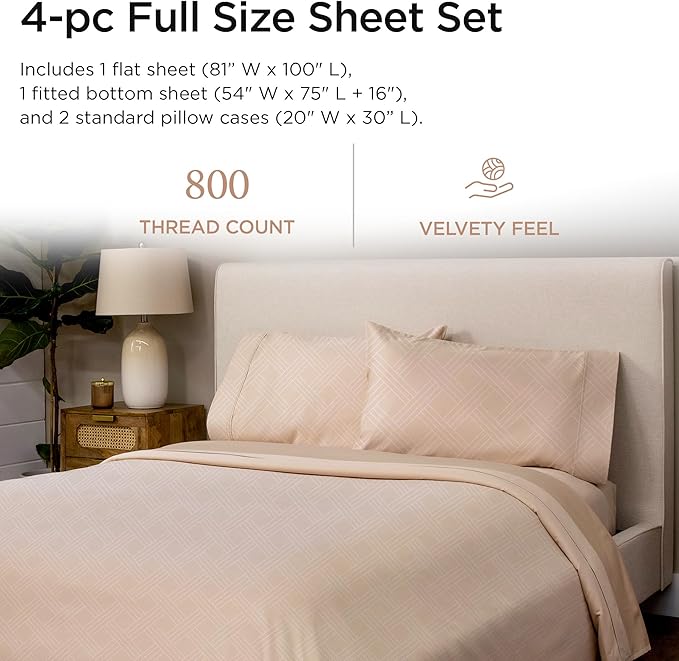 Threadmill Luxury Full Size Sheets for Full Size Mattress | 800 Thread Count Cotton Sheets | Jacquard Celine Light Beige | Better Than Egyptian Cotton| 4 Pc Bed Sheets | with Elasticized Deep Pocket