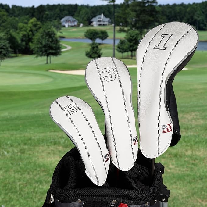 Golf Club Head Covers - Driver, Fairway #3#5, Hybrid Headgear - USA Flag Design - PU Leather - 3 Piece Set for Men and Women
