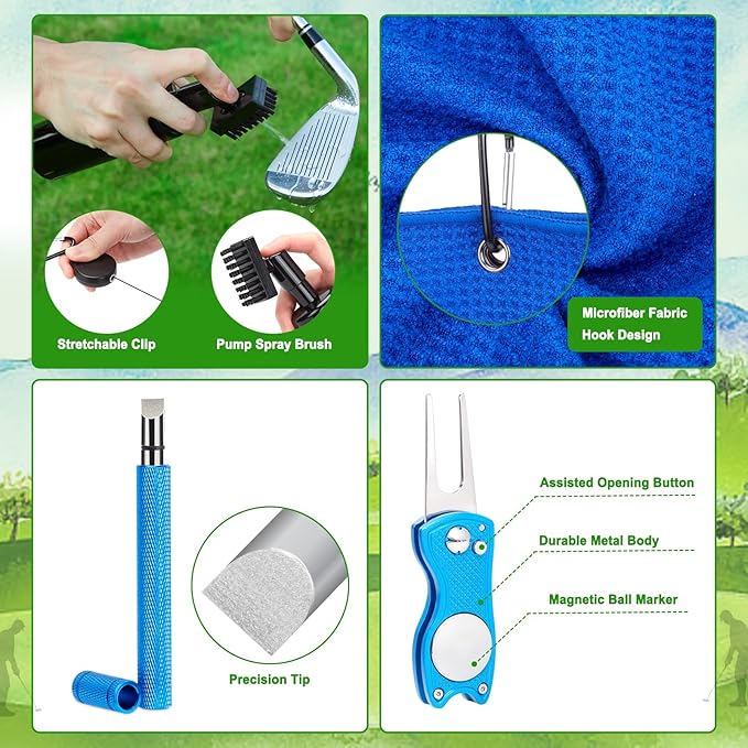 welspo Golf Club Cleaner with Water-Retractable Clip Holds 5oz of Water, Golf Towel, Essentials Golf Accessories Kit with Golf Groove Sharpener Tool, Divot Repair Tool with Ball Marker for Men/Women