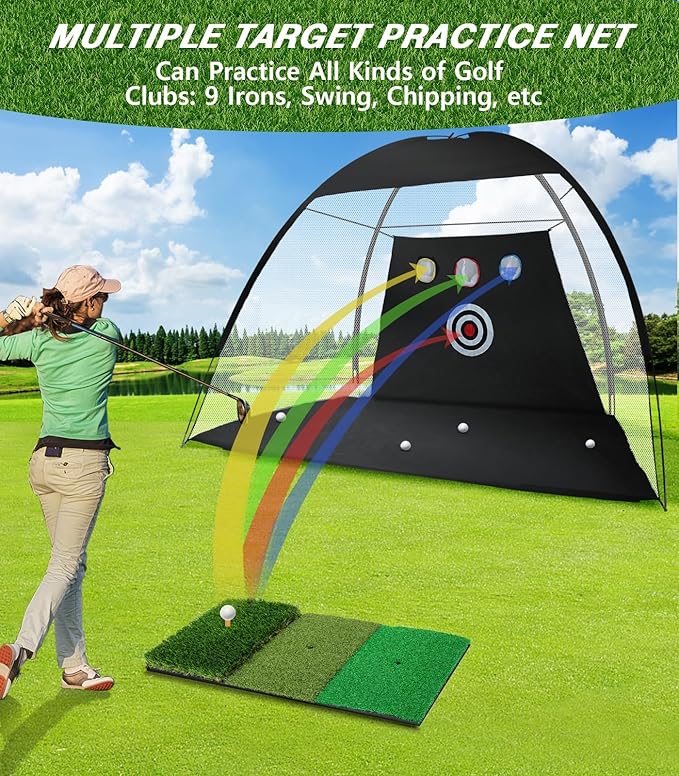Golf Net, 10x7FT Home Golf Hitting Aids Equipment with Foldable Tri-Turf Mat for Backyard Driving Chipping Swing with Training Target/Balls/Tee for Outdoor Indoor, Gifts for Men Him Dad Boys Golfers