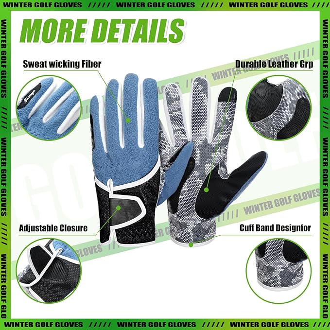 Geyoga 2 Pairs Winter Golf Gloves for Men Cold Weather Rain Golf Glove Large Adjustable Windproof Waterproof Thermal Fleece Gloves for Winter Golfing