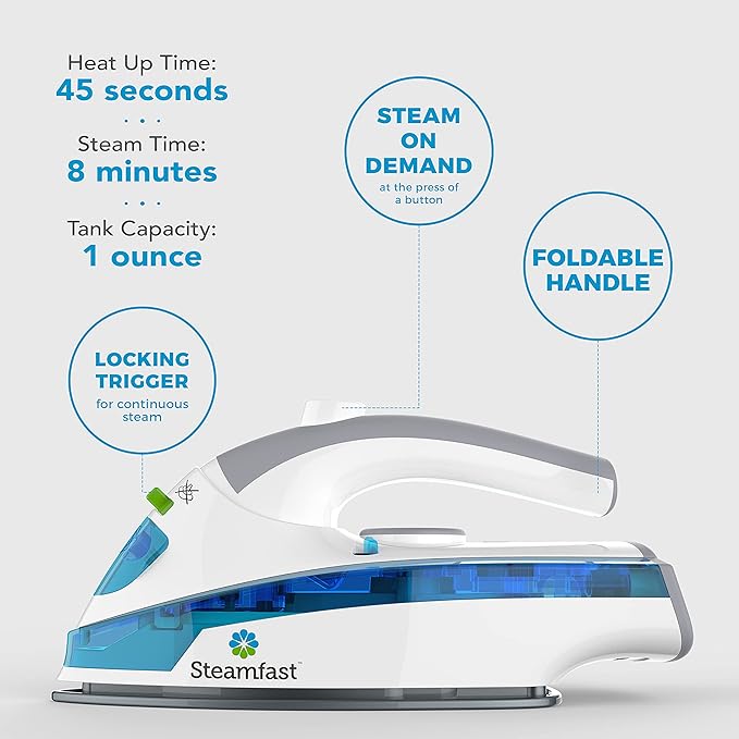 Steamfast SF-710 Mini Steam Iron, Non-Stick Sole Plate, Foldable Handle, 45 Second Heat Up Time, Cord Storage, Portable, 6-Foot Power Cord, Chemical-Free Steam Power, White