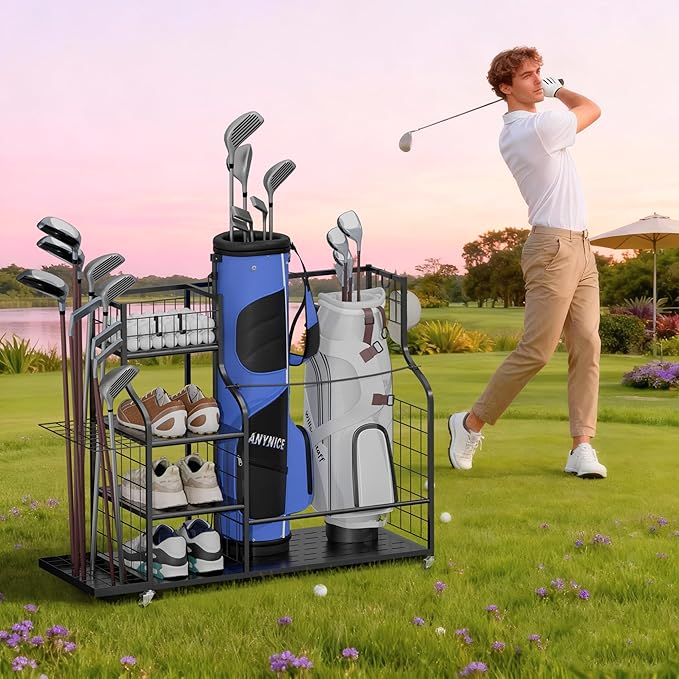 Golf Bag Storage Organizer with Wheels, Garage Golf Equipment Rack for 2 Golf Bags, Clubs, Shoes & Accessories – Heavy Duty Metal Golf Bag Storage Stand for Garage, Basement, Home or Shed