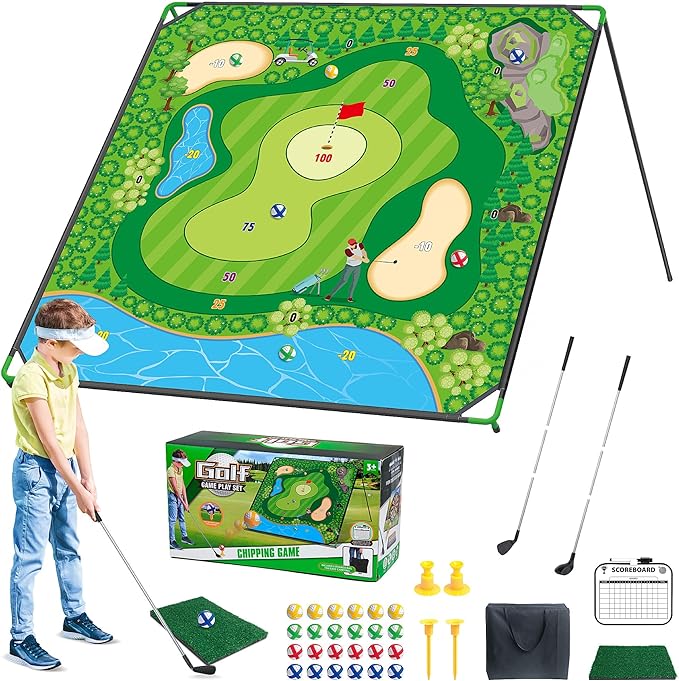 Golf Chipping Game Set, 71 x 71 in Large Golf Practice Mat with 2 Adjustable Clubs, 24 Sticky Balls, Portable Indoor Outdoor Golf Training Set, Perfect Backyard Golf Game Gift for