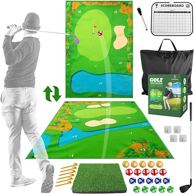 Battle Golf Game - Dual-Sided Mat, Realistic Course Design & Scoring System, Adjustable Height Clubs - Thick Grass-Like Chipping Mat for Indoor/Outdoor Family Golf Activity