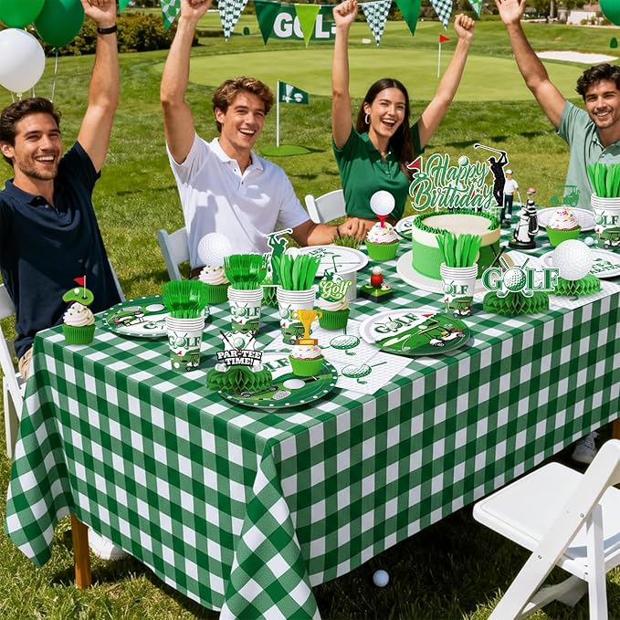 4 Pack Golf Party Tablecloths – Green Gingham Tablecloth and Golf-Themed Plastic Table Covers Disposable Tablecloths for Birthday Outdoor Party Decorations, 54 × 108 Inch