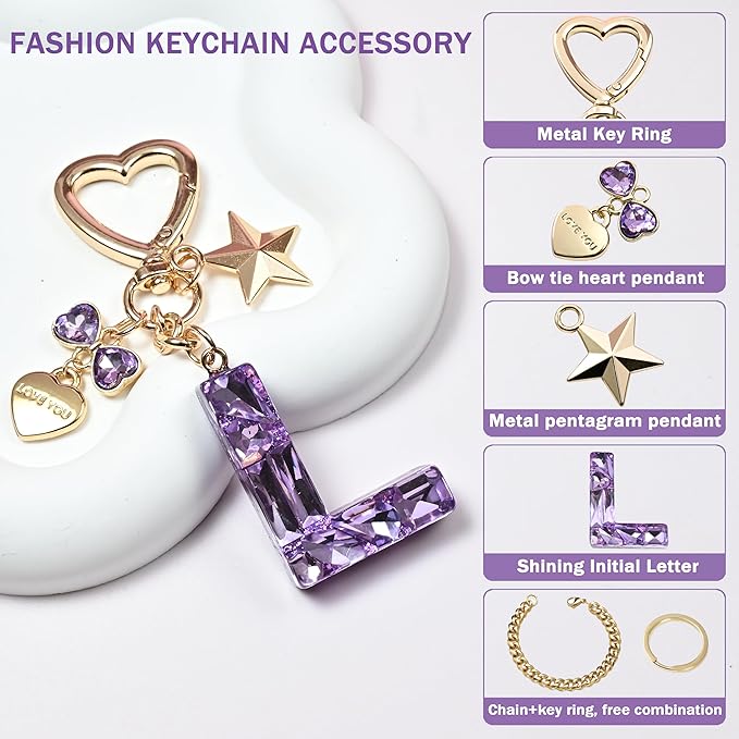 Cute Bling Keychain initial Letter Butterfly Star Pink Purple Gift for Women Girls Bag Cup Charms Accessories