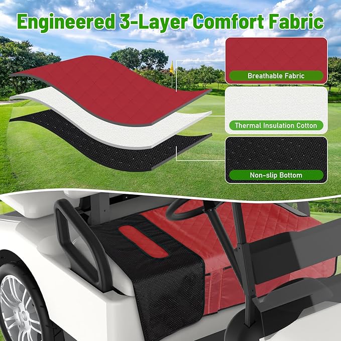 Kaskawise Golf Cart Seat Covers,Universal Golf Cart Seat Towel Blanket with 4 Front Pockets & Nonskid Bottom Fits for EZGO, Yamaha, Club Car DS Precedent and More 2 Person Seats Golf Carts (Wine red)