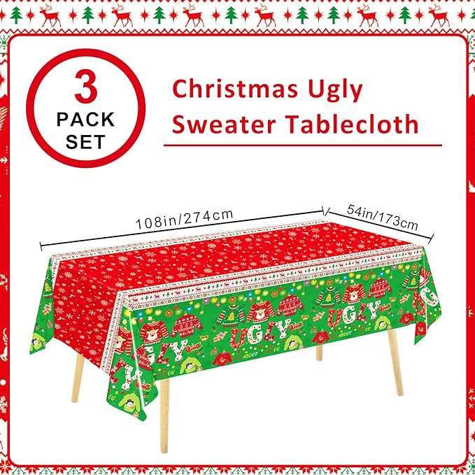 3 Pieces Christmas Tablecloth Plastic Ugly Sweater Table Cover for Ugly Sweater Party Decorations Christmas Party Supplies, 54x108 inch