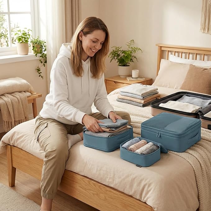 4 Piece Compression Packing Cubes for Suitcases and Backpack, Lightweight Travel Organizer Bags (Gray Blue)