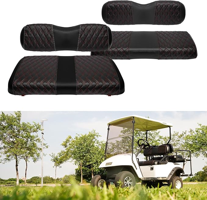 4PCS Golf Cart Diamond Seat Covers Kit, Fits EZGO TXT 1994-2013 Golf Cart Vinyl Replacement Seat Cover （Black Stitching, No Stapler, Easy to Clean）