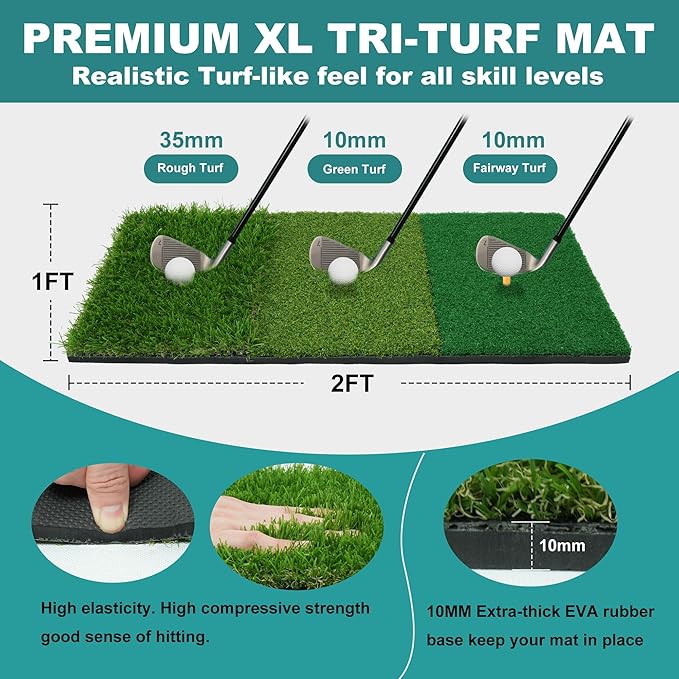 Golf Net, 10x7 Ft Golf Hitting Net with Tri-Turf Mat, Multi-Target Golf Practice Net for Outdoor/Indoor Chipping & Driving, Ideal Gift for Men/Dad/Husband/Golfers
