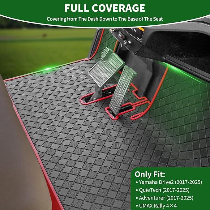 Golf Cart Floor Liner Mat 8mm Thick Rubber Full Coverage Fit for 2017-2025 Yamaha Drive2, QuieTech 2017-Up, Adventurer 2017-Current, UMAX Rally 4x4 Non-Slip Diamond Mat Replacement - Red Trim