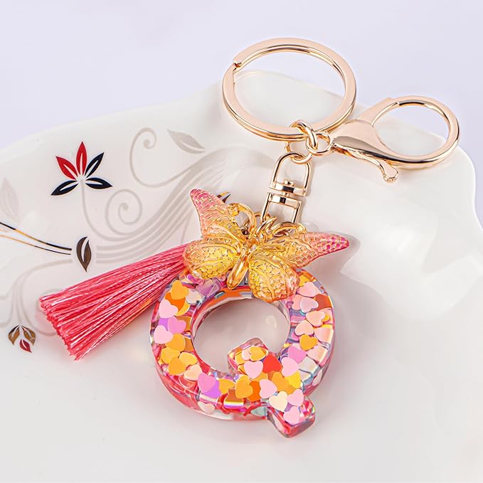 Suweibuke Colourful Cute Initial Letter Keychains for Women Girls with Tassel Butterfly, Charm for Purse Handbags Backpacks