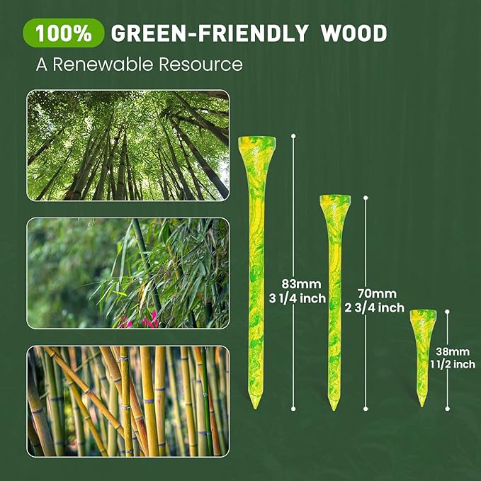 Golf Tees Styllish Bamboo Wooden Coloured Painted 50 Pack, 2 3/4 or 3 1/4 Inch Tee with 10 More Short 1 1/2 Inch Driving Range Tees, Enhanced Visibility Pink Green for Men Women