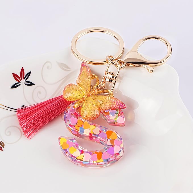 Suweibuke Colourful Cute Initial Letter Keychains for Women Girls with Tassel Butterfly, Charm for Purse Handbags Backpacks