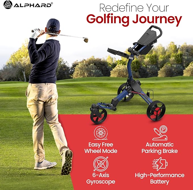 Alphard Electric Golf Cart with Remote - Cybercart Electric Golf Caddy, Motorized Golf Caddy w Accessories - Cup Holder, Umbrella Holder, Anti-tip Wheels, Phone Holder, Magnetic pad - Compact Folding