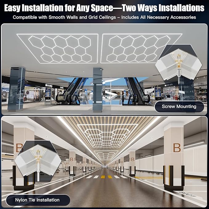 JTT Hexagon Garage Lights, 736W 73600LM LED Garage Hexagon Lights,6500K Super Bright Car Detailing Ceiling LED Shop Light for Basement, Warehouse, Auto Beauty Shop, Car Detailing Shop, Gym etc