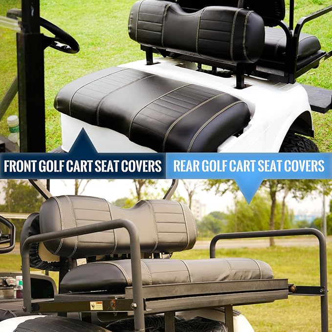 Golf Cart Seat Covers fits Club Car Precedent/DS/EZGO RXV/TXT/Yamaha Front Rear Seat Cushion，Black Leather Custom Stripe Soft Comfortable/Anti-Scratch/Easy to Clean