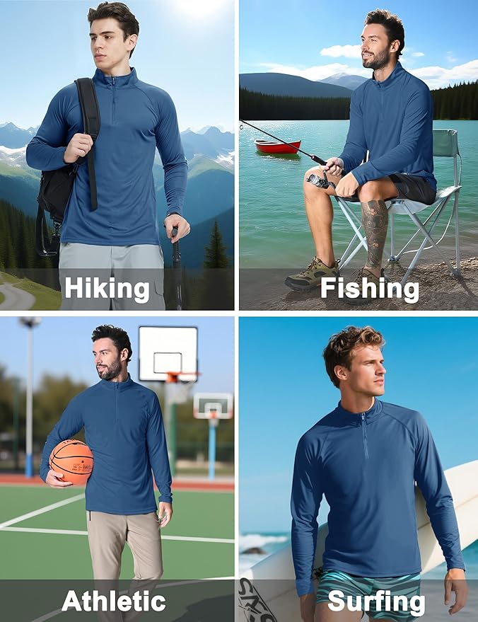 CRYSULLY Men's Long Sleeve 1/4 Zip Shirts Sun Protection Pullover UPF 50+ Rash Guard Running Lightweight T Shirt