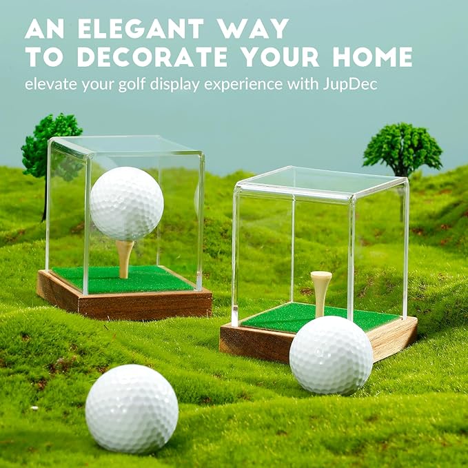 JupDec Golf Ball Display Case Clear Acrylic Memorabilia Stand Cube Holder with Wood Base & Tee, Dust Protection Transparent Storage Box for Single Ball Souvenir Golfball Collections, Brown, 2 Pack