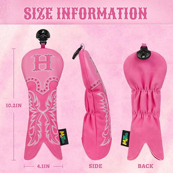 mytag Pink Golf Club Head Covers, Western Cowboy Retro Golf Headcovers with Patch & Embroidery Driver Fairway Wood Hybrids/Rescue Covers