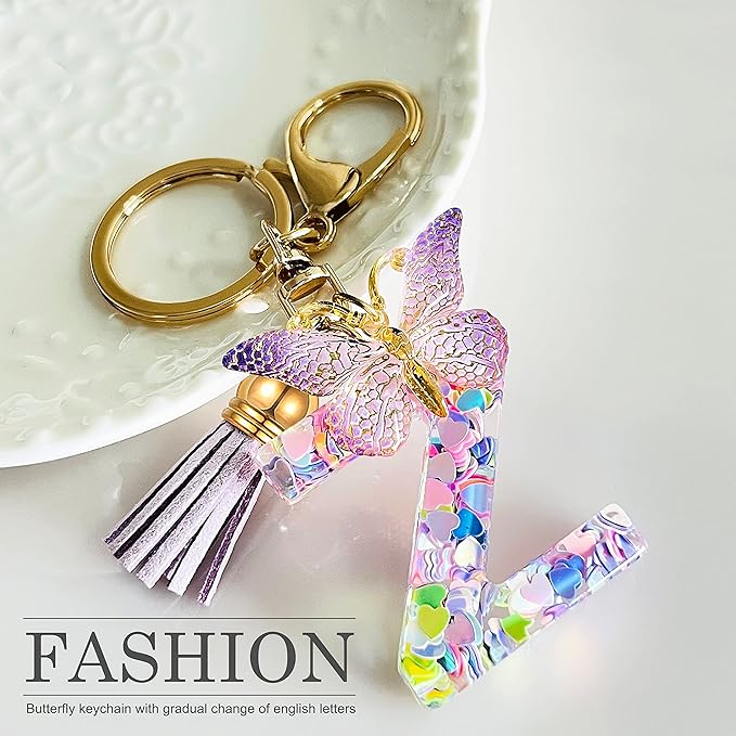 JINGUAZI Initial letter Keychains for Women Tassel Butterfly Pink Purple Cute Car Keychain for Wallet Backpack bag charm