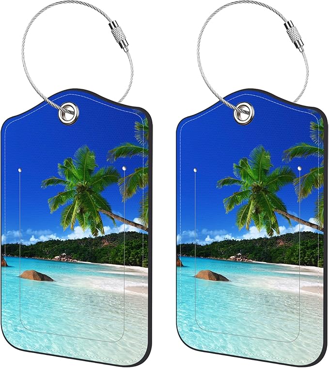 2 Pack Luggage Tags for Suitcase,Island's Beach PU Leather Luggage Tags with Privacy Cover Name Address Labels and Steel Ring,Creative Travel Accessories for Men and Women
