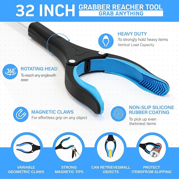 32" Grabber Reacher Tool – 3 Pack Foldable Reacher Grabber Pickup Tools for Seniors, Disabled, Trash Pickup, and Hard-to-Reach Areas, Ergonomic Grip & Lightweight Design（Orange Blue Pink）