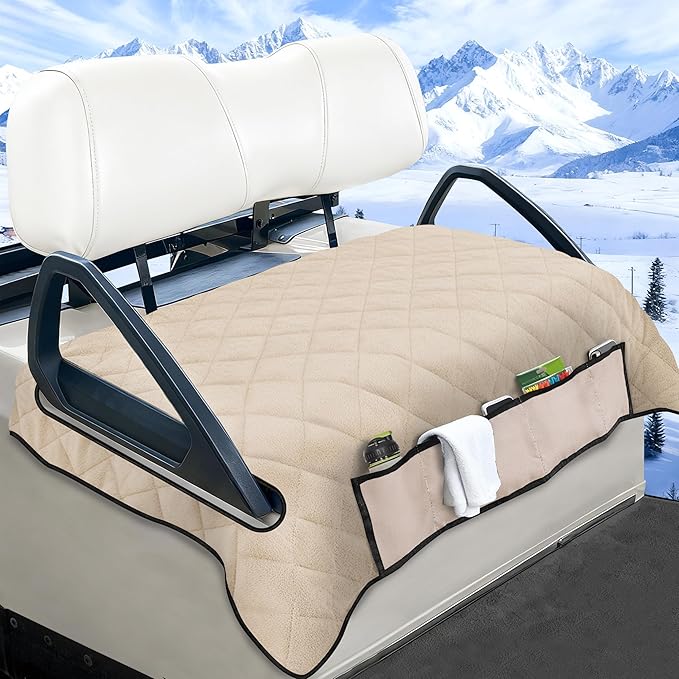 YOKYHOM Golf Cart Seat Covers with 4 Front Pockets, Thick and Non-Slip Golf Cart Seat Towel Blanket, Fits for EZGO, Yamaha, Club Car and More 2 Seats Golf Carts, Khaki