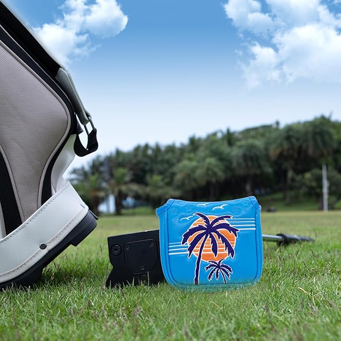 Montela Golf Club Covers Summer Coconut Tree Golf Putter Cover Driver Cover Fariway Wood Headcover Hybrid Covers Mallet Putter Headcover Blade Golf Headcover for Most Brand