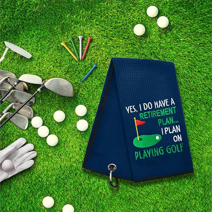 ERHACHAIJIA Yes I'd Have A Retirement Plan Embroidered Golf Towel with Clip. Funny Golf Accessories Gifts for Men Women Golfer Grandma Grandpa Mom Dad, Retirement (Navy)