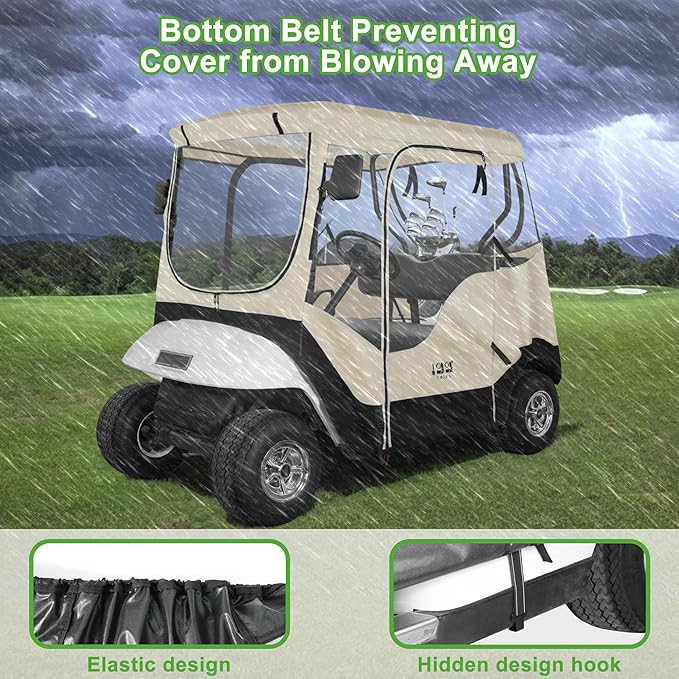 10L0L Golf Cart 2 Passenger Enclosure for EZGO TXT & RXV, 4-Sided Clear Window Rain Cover All Weather Waterproof Windproof, Beige