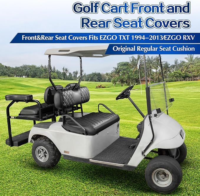 NOKINS 4PCS Golf Cart Diamond Seat Covers Kit,Front and Rear Seat Covers Fits for EZGO/Club Car/Yamaha Original Regular Seat Cushion, No Stapler