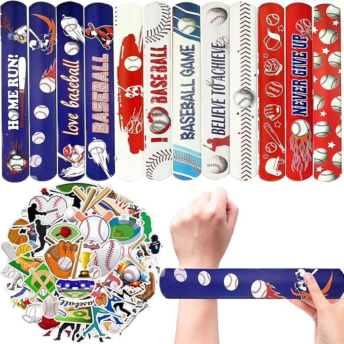 74Pcs Baseball Theme Party Favors BaseBall Theme 24PCS Slap Bracelets 50 Pcs Stickers,Baseball Party Team Gift Fillers School Classroom games Rewards Supplies