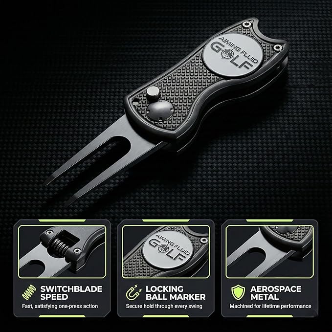 Golf Divot Repair Tool — 5-in-1 Golfing Ball Marker, Pitch Mark Repair, Putting Alignment, Club Tee, and Groove Cleaner, Accessory Metal Switchblade Design - Ideal Gift for Golfers
