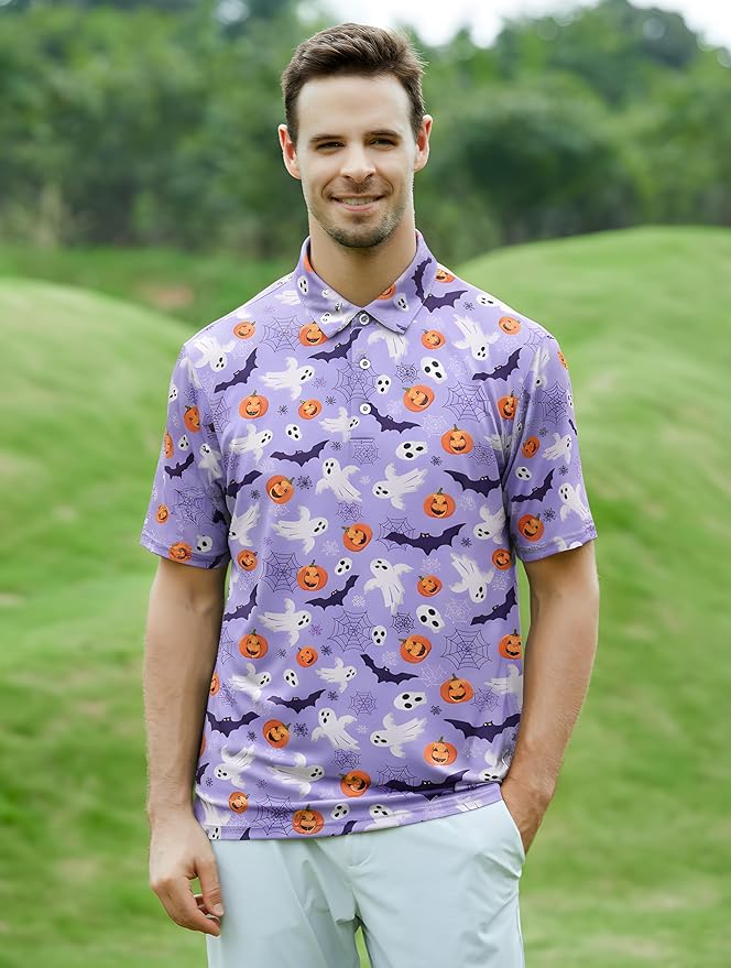 Esabel.C Golf Shirts for Men Dry Fit Performance Short Sleeve Print Moisture Wicking Collared Shirt