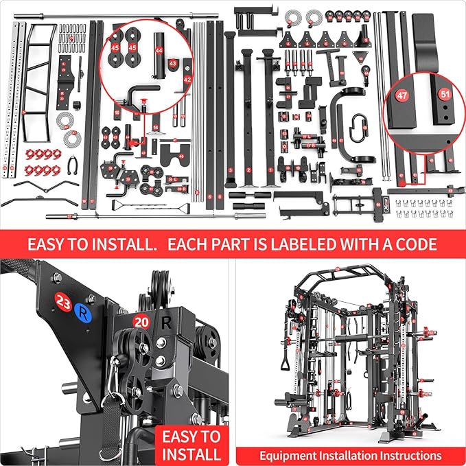 Smith Machine，Multi-Function Squat Rack Power Cage with Cable Crossover System,with Optional Weight Bench, Olympic Barbell Weight Set, for Home Gym