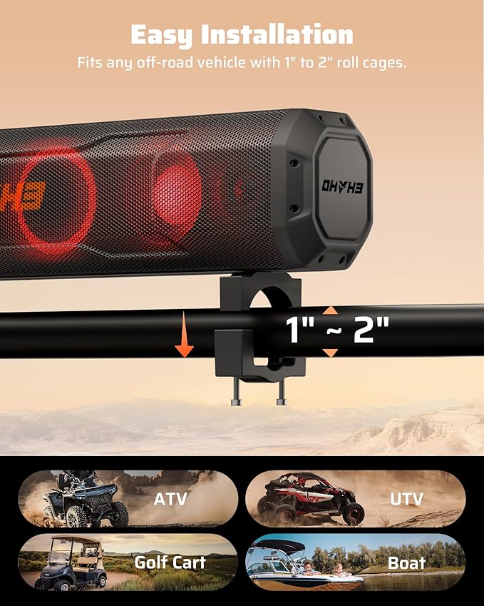 Ehaho 26 Inch 6 Speaker UTV Sound Bar, Bluetooth Golf Cart Speakers [Color Changing RGB & Strobe Light] IP66 Waterproof ATV Speaker System, SXS SoundBar Compatible with Polaris RZR CFmoto Can-Am