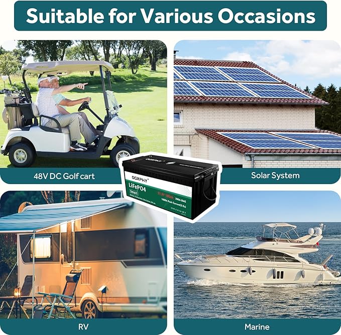 48V Lithium Battery with Onboard 18A LiFePO4 Battery Charger & 200A BMS, 5.12kWh 48V 100Ah Lithium Golf Cart Battery with 10.24kW Output, 1000A Peak Current for Golf Cart, Solar