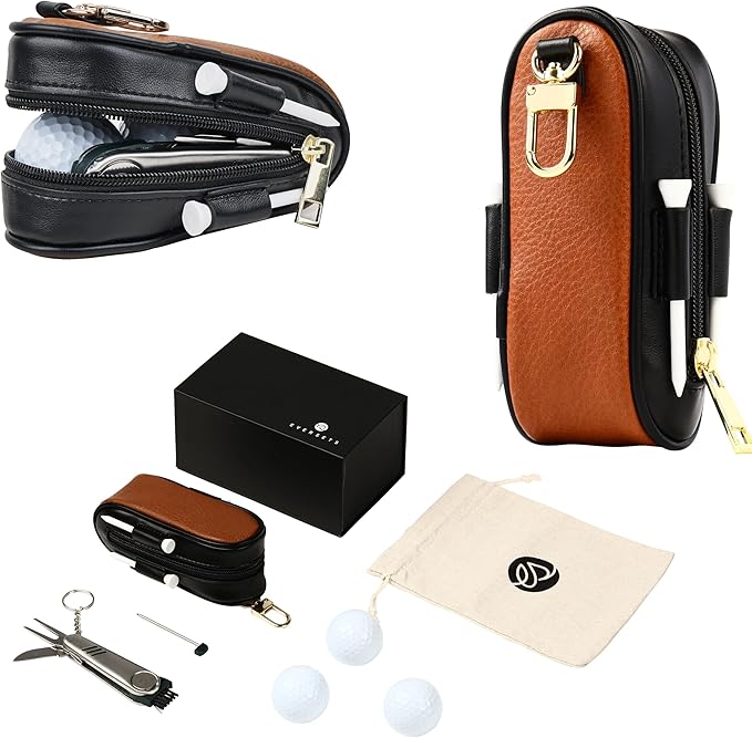 Christmas Golf Gift for Men and Women - Luxury Golf Accessories Set, Vegan Leather Case, 12 Golf Balls, Tees, Divot Tool Knife & Bag with Hook - Perfect Stocking Stuffer