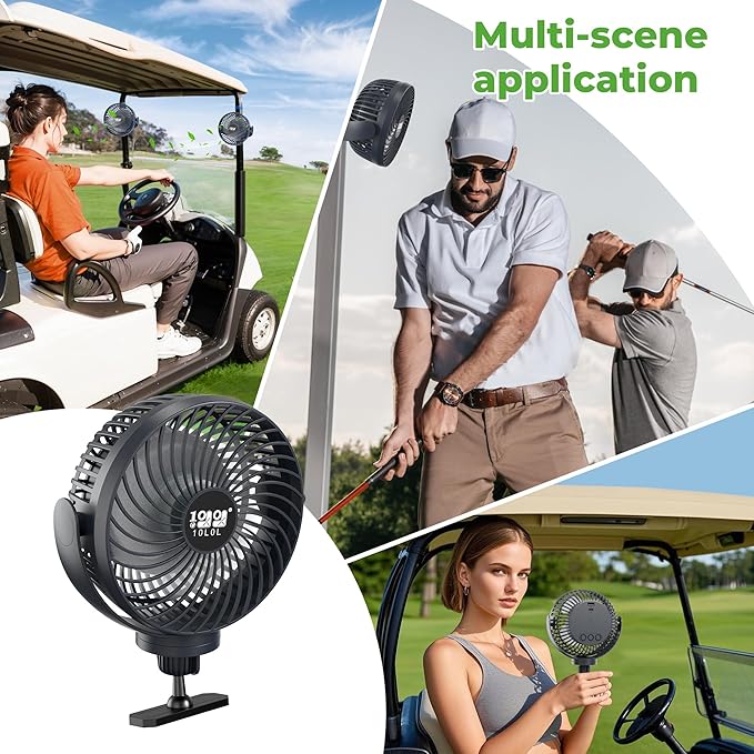 10L0L Golf Cart Fan with Magnetic Mount & 56Hrs Runtime - 8000mAh Battery, 3-Speed Cooling, Built-in LED Light, Power Bank Function - Stable ABS Design for All Golf Carts