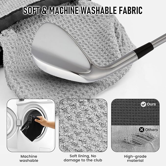 Golf Club and Golf Ball Cleaning Bag - Cleans Club Grooves, Golf Bag Accessories,Waterproof Clean Face Tech, Detachable Clip, Machine Washable,Golfer Gifts for Men(1-Pack,BLACK)