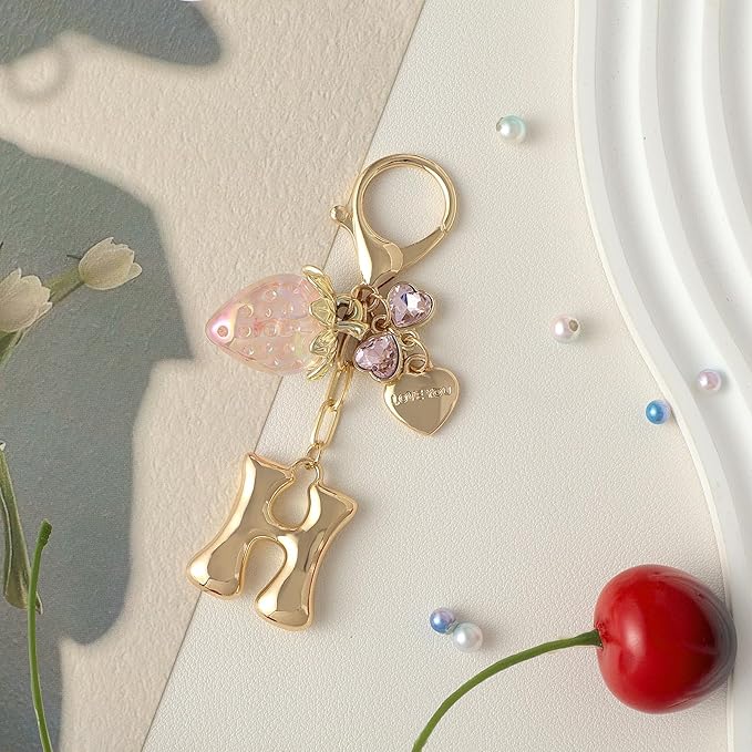 Snycler Bubble Initial Keychain with Strawberry & Bow- Gold Letter Bag Charms for Women, Cute Purse Handbag Accessories