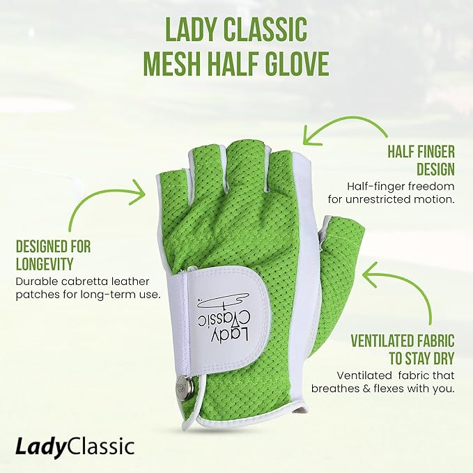 Mesh Half Golf Glove for Women – Premium Cabretta Leather Palm, Breathable Mesh Back, Half-Finger Design Ladies Golf Glove for Enhanced Grip & Comfort